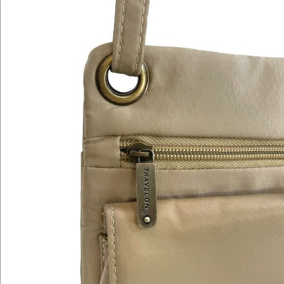 Travelon Tan Nylon Crossbody Bag Zipper Pockets - Picture 4 of 9